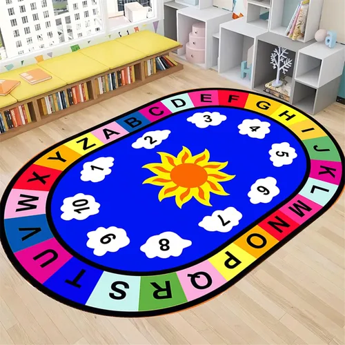 Miniatura 14 de Tapete de aprendizaje educativo para niños, 3 x 4 pies, tapete decorativo con diseño de planeta y alfabeto ABC, ovalado, grande, antideslizante