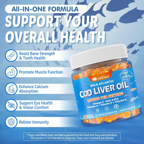 Miniatura 6 de Gomitas de aceite de hígado de bacalao de 1000 mg para niños y adultos, con Omega 3 (EPA y DHA), vitaminas A, D3 y K2, aceite de hígado de bacalao