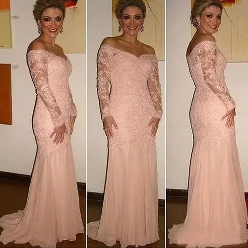 Miniatura 4 de Mermaid Laces Mother of The Bride Dress with Long Sleeves Off Shoulder Formal Party Evening Gown HO16