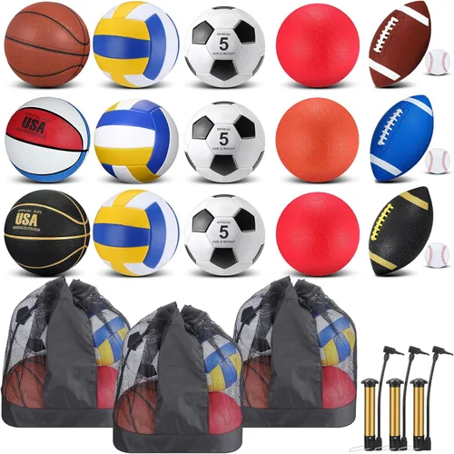 Leyndo Juego de 18 Pelotas Deportivas a Granel Baloncesto Fútbol Americano Voleibol Fútbol Soccer Parque Infantil Béisbol con Bolsa de Equipo Varios