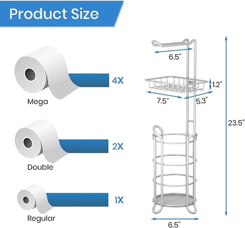 Miniatura 7 de Soporte de rollo de papel higiénico para baño, soporte de papel higiénico de pie con estante de almacenamiento central, reserva de mega E-plata