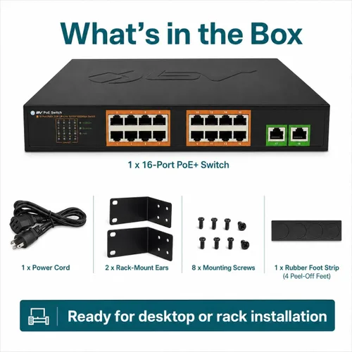 Miniatura 5 de BV-Tech 18-Port Gigabit PoE+ Switch (16 PoE Ports & 2 Gigabit Uplinks), 120W PoE Budget, 802.3af/at, 1U Rackmount/Desktop Plug and Play, POE-SW1602G