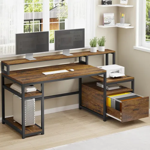 Miniatura 10 de SEDETA Escritorio para oficina en casa con cajón de archivos y toma de corriente, escritorio grande para computadora de 75' con 5 cajones, estantes