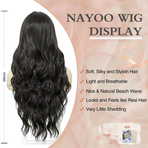 Miniatura 2 de NAYOO Peluca negra ondulada de 26 pulgadas de largo para mujer, peluca sintética de aspecto natural, fibra resistente al calor, suave y ligera, Negro