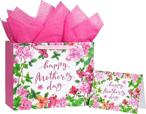 Miniatura 9 de LeZakaa Bolsa de regalo para el día de la madre, letras del día de la madre, diseño floral rosa, mariposa y papel de aluminio rosa, bolsa de regalo