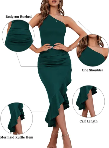 Miniatura 4 de HUHOT Vestido largo formal de un hombro para mujer sin mangas ajustado fruncido dobladillo con volantes cóctel fiesta graduación vestido largo