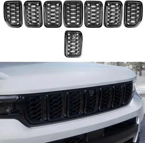 Miniatura 8 de 7 piezas de insertos de rejilla frontal de malla de panal negro brillante reemplazan para Jeep Grand Cherokee 2017-2021