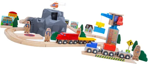 Miniatura 2 de Juego de tren de madera para niños, grúa magnética para levantar y cargar helicóptero, contenedores de envío de semirremolques, motor diésel, juego