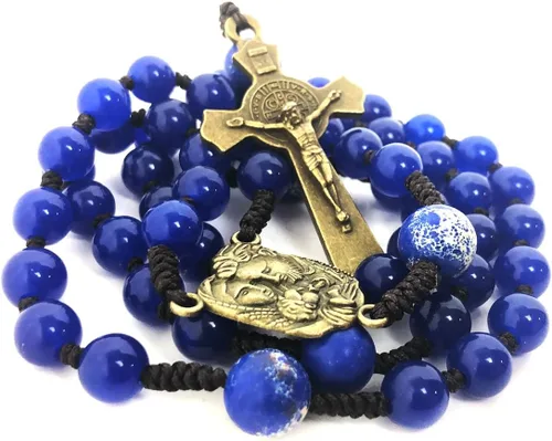 Miniatura 3 de Juego de pulseras de rosario y rosario de cordón de piedra arenisca y jade azul de santa familia - Pulsera de ojo de tigre para hombre - Rosario
