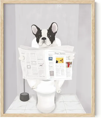 Miniatura 9 de HAUS AND HUES Divertido arte de pared de perro – Bulldog francés en el baño, carteles de animales (marco negro, 12 x 16)