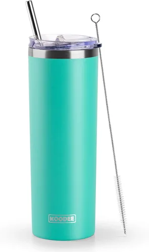 Miniatura 15 de Koodee - Vaso delgado de acero inoxidable de 20 onzas (4 unidades) aislado con doble pared, vaso de agua con 4 tapas, 4 popotes y 2 cepillos