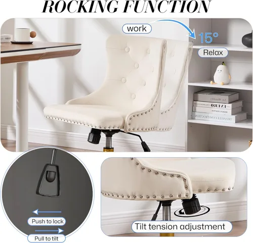 Miniatura 5 de Silla de escritorio de terciopelo sin brazos para oficina en casa, silla giratoria con altura ajustable, pequeña y linda silla de tocador para Beige