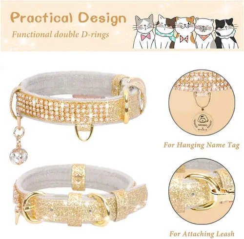 Miniatura 3 de Collar para gato, collar de perro, [diamantes de imitación brillantes] de cuero PU premium con colgante, collares ajustables para gatos y perros