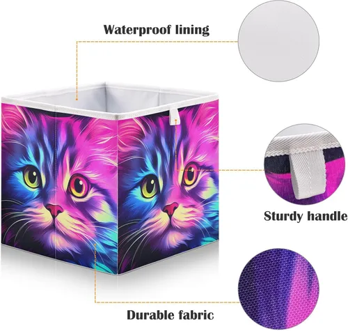 Miniatura 4 de Vnurnrn Cubo de almacenamiento plegable con impresión de gato morado brillante, cestas organizadoras con tablero de soporte para armario de estante