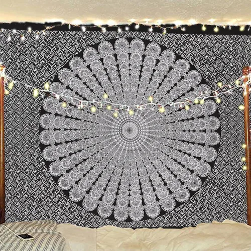 Miniatura 18 de Tapiz hippie indio bohemio psicodélico dorado azul pavo real mandala colgante en la pared (negro blanco, Queen (84 x 90 pulgadas) (84.6 x 90.6 in)