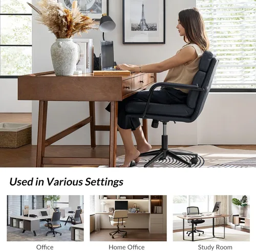 Miniatura 5 de HULALA HOME Silla moderna de piel sintética para oficina en casa con bloqueo de inclinación y base de metal, silla de escritorio con ruedas y cojín