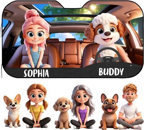 Parasol personalizado para parabrisas de automóvil con caricatura personalizada de perro y conductor, regalo divertido para conductores, amantes de