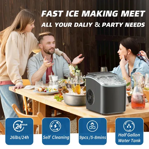 Miniatura 2 de Erivess Máquinas para hacer hielo para encimera, máquina de hielo portátil autolimpiante, 26 libras/24 horas, 9 cubos bala listos en 6 minutos