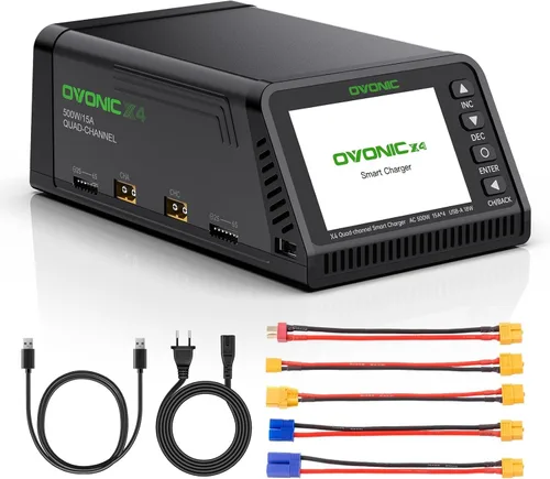 OVONIC Cargador de equilibrio X4 LiPo AC 500W 4 canales Auto Power Asignación, 15A por canal, LiPo/Li-Ion/LiHV/Life 1-6S, NiMH 3-18S, protecciones