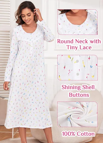 Miniatura 2 de QRRLUEN Camisón largo de algodón para mujer, ropa de dormir de manga larga, vestido de noche suave y cómodo