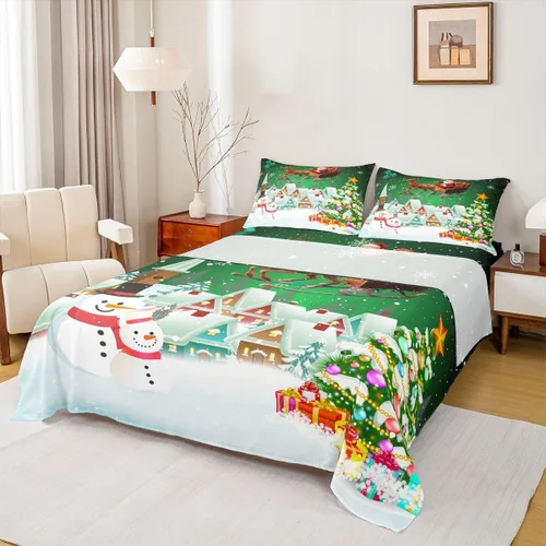 Miniatura 25 de Manfei juego de sábanas de Navidad tamaño completo, juego de ropa de cama con árbol de Navidad en forma de muñeco de nieve para la decoración