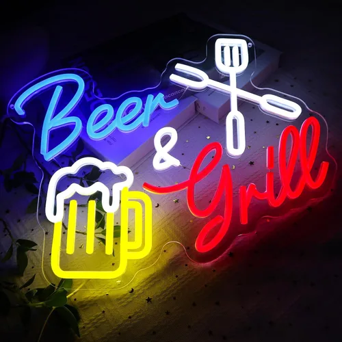 Miniatura 4 de Letrero de neón de cerveza y parrilla para decoración de pared, letreros LED para barbacoa, regulables por USB, 15.75 x 11.97 pulgadas, luces