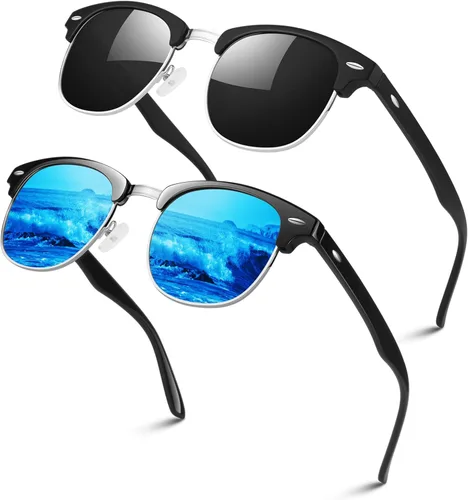 Miniatura 12 de LINVO Gafas de sol polarizadas sin montura para hombres y mujeres, lentes de sol clásicos retro con medio marco para conducir, protección UV Un