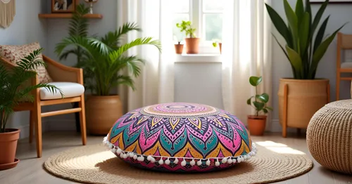 Miniatura 3 de CRAFT KALA Funda de cojín redonda de 22" con mandala bohemio para meditación, para sala de estar, habitación de yoga, funda de asiento para puffs