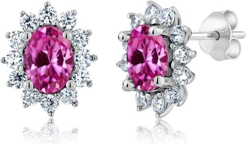Miniatura 273 de Gem Stone King Aretes ovalados de plata de ley 925 de 0.276 x 0.197 in con piedra natal de la princesa Diana, estilo halo real para mujeres
