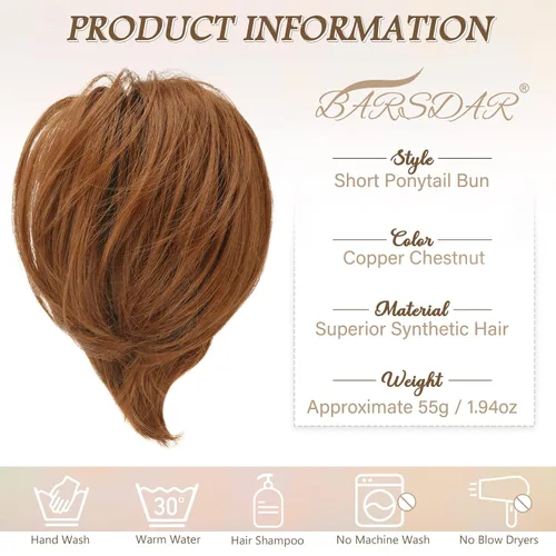Miniatura 4 de BARSDAR Extensión de cola de caballo y moño de pelo de cobre, extensiones de moño corto sintético liso elástico para mujer, moños desordenados