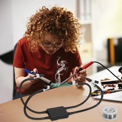 Miniatura 6 de Helping Hands - Herramienta de tercera mano para soldar con base de aluminio, 4 brazos de metal flexibles y clips de cocodrilo, herramienta