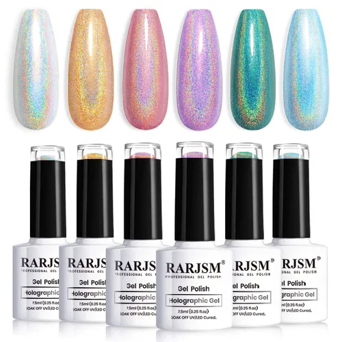 Miniatura 14 de RARJSM Juego de esmaltes de gel holográfico, color verde turquesa, kit de esmalte de uñas de gel con purpurina, colección de verano, 6