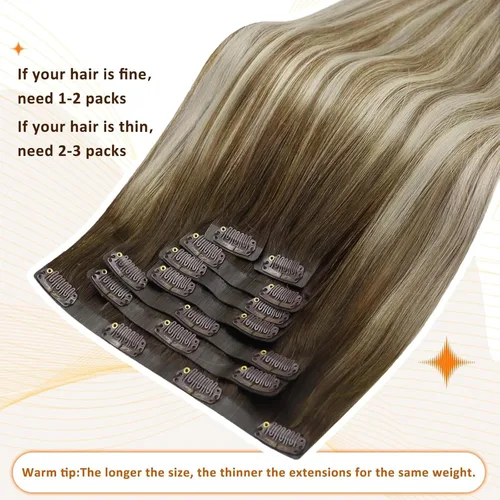 Miniatura 8 de Full Shine Extensiones de cabello humano real de 22 pulgadas con clip, balayage, color marrón degradado a rubio claro, mezcla de marrón, extensiones