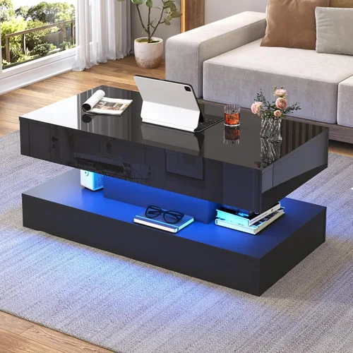 Miniatura 4 de 39.4" Mesa de café grande con tapa elevable, modernas mesas de café LED de alto brillo para sala de estar con almacenamiento, mesas de salón negras