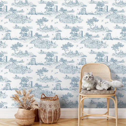 WENMER Toile de Jouy - Papel de contacto Toile de Jouy, papel tapiz azul y blanco, papel adhesivo vintage de país francés para dormitorio, sala de