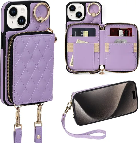Miniatura 40 de Funda tipo cartera para iPhone 15 de 6.1 pulgadas, bolso cruzado con cremallera y correa para la muñeca con cordón para mujer, tarjetero con bloqueo