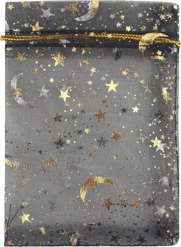 Miniatura 11 de QIANHAILIZZ - 100 bolsas de organza con diseño de estrellas y lunas para joyas, para regalo de caramelos, regalo de matrimonio, con cordón