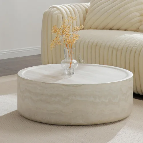 Miniatura 9 de JUSTONE Mesa de Centro Redonda para Sala de Estar, Mesa de Acento Moderna de 31.5 Pulgadas con Acabado de Piedra Artificial Beige Desgastado, Mesa