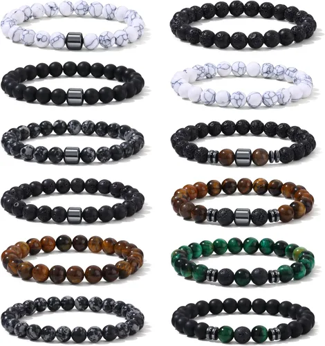 Miniatura 7 de SAMOCO 12 piezas de pulseras de ojo de tigre para hombres, piedra natural, cuentas de 8 mm, juego de pulseras elásticas ajustables de roca de lava