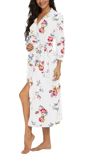 Miniatura 4 de VINTATRE Bata tipo kimono para mujer, bata larga de punto, ligera, suave, ropa de dormir con cuello en V, casual, ropa de descanso para mujer