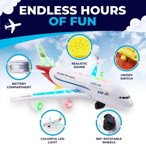 Miniatura 2 de Toysery Juguete de avión o aerobús con hermosas y atractivas luces intermitentes y sonidos realistas de motor a chorro, acción de choca y avanza