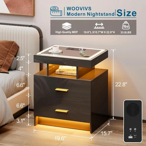 Miniatura 3 de WOOVIVS Juego de 2 mesitas de noche con carga inalámbrica y luces LED para dormitorio, mesita de noche con tablero de vidrio y diseño de 2 cajones