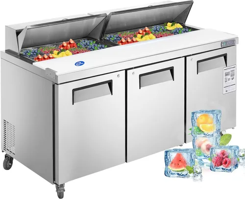 Miniatura 16 de Refrigerador comercial de 3 puertas de 72 pulgadas de ancho, mesa de preparación de ensaladas, refrigerador de acero inoxidable con tabla de cortar