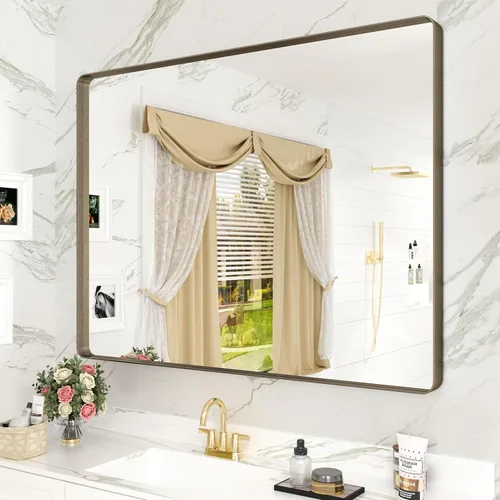 Miniatura 37 de Paquete de 2 espejos de baño con marco de metal negro de 22 x 30 pulgadas, espejo rectangular redondeado negro mate, antioxidante, se cuelga