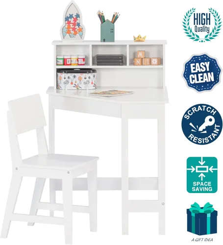 Miniatura 4 de UTEX Escritorio para niños, juego de escritorio de esquina y silla, mesa de estudio para niños con almacenamiento y gabinete para uso escolar