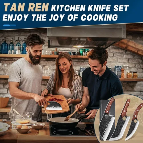 Miniatura 7 de TAN REN Juego de 3 Cuchillos de Carnicero para Cortar Carne, Cuchillos Cuchillas de Carnicero Forjados a Mano con Mango de Madera, Juego de Juego