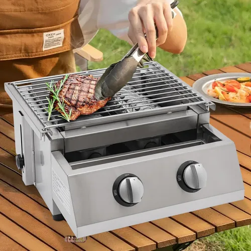 Miniatura 5 de Parrilla de barbacoa de gas, portátil de 2 quemadores, parrilla de gas propano de mesa de acero inoxidable, barbacoa al aire libre, ahumador