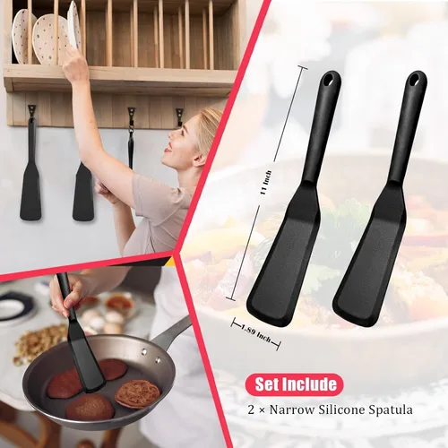 Miniatura 3 de Paquete de 2 espátulas estrechas de silicona delgadas y largas resistentes al calor, espátulas de cocina tortillas, pizza, bistec, torta con borde