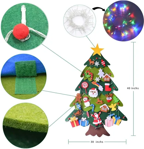Miniatura 4 de Árbol de Navidad de fieltro Montessori para niños pequeños, árbol de Navidad de 3.2 pies de bricolaje para pared con 32 adornos y luces LED, árbol
