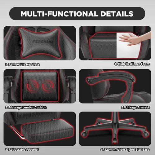 Miniatura 5 de Ferghana Silla vintage de piel sintética para juegos, silla ergonómica para jugadores con masaje, silla de oficina de computadora con respaldo alto